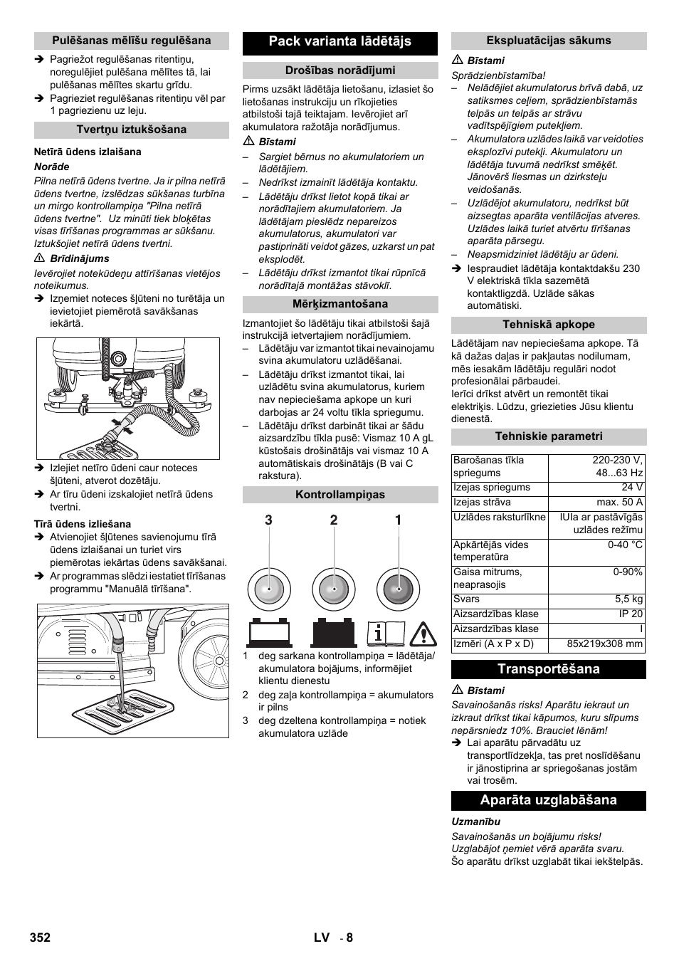 Pack varianta lādētājs, Transportēšana aparāta uzglabāšana | Karcher B 140 R Bp Pack 400 Ah роликовая-дисковая User Manual | Page 352 / 406