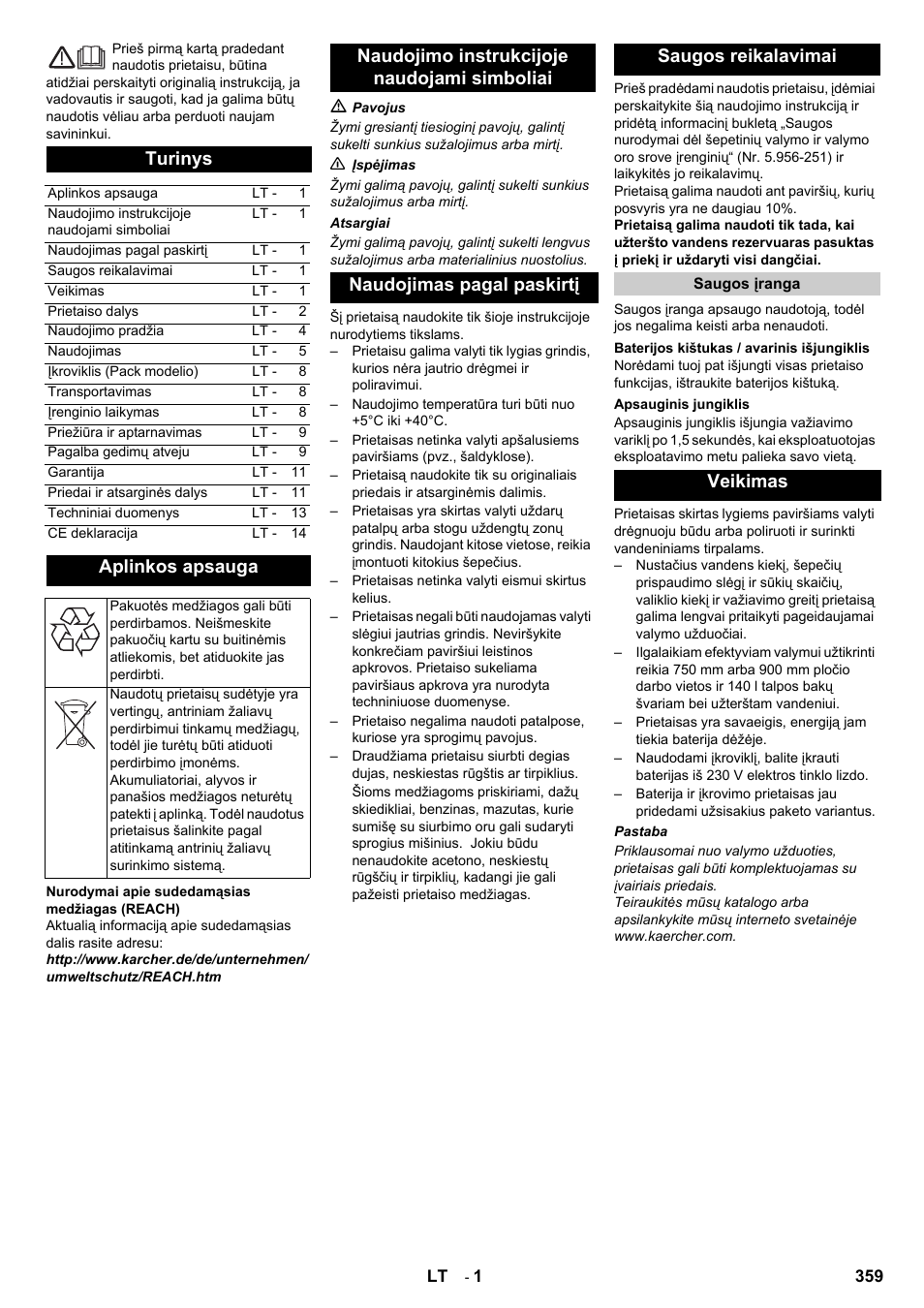 Lietuviškai, Turinys, Aplinkos apsauga | Veikimas | Karcher B 140 R Bp Pack 400 Ah роликовая-дисковая User Manual | Page 359 / 406