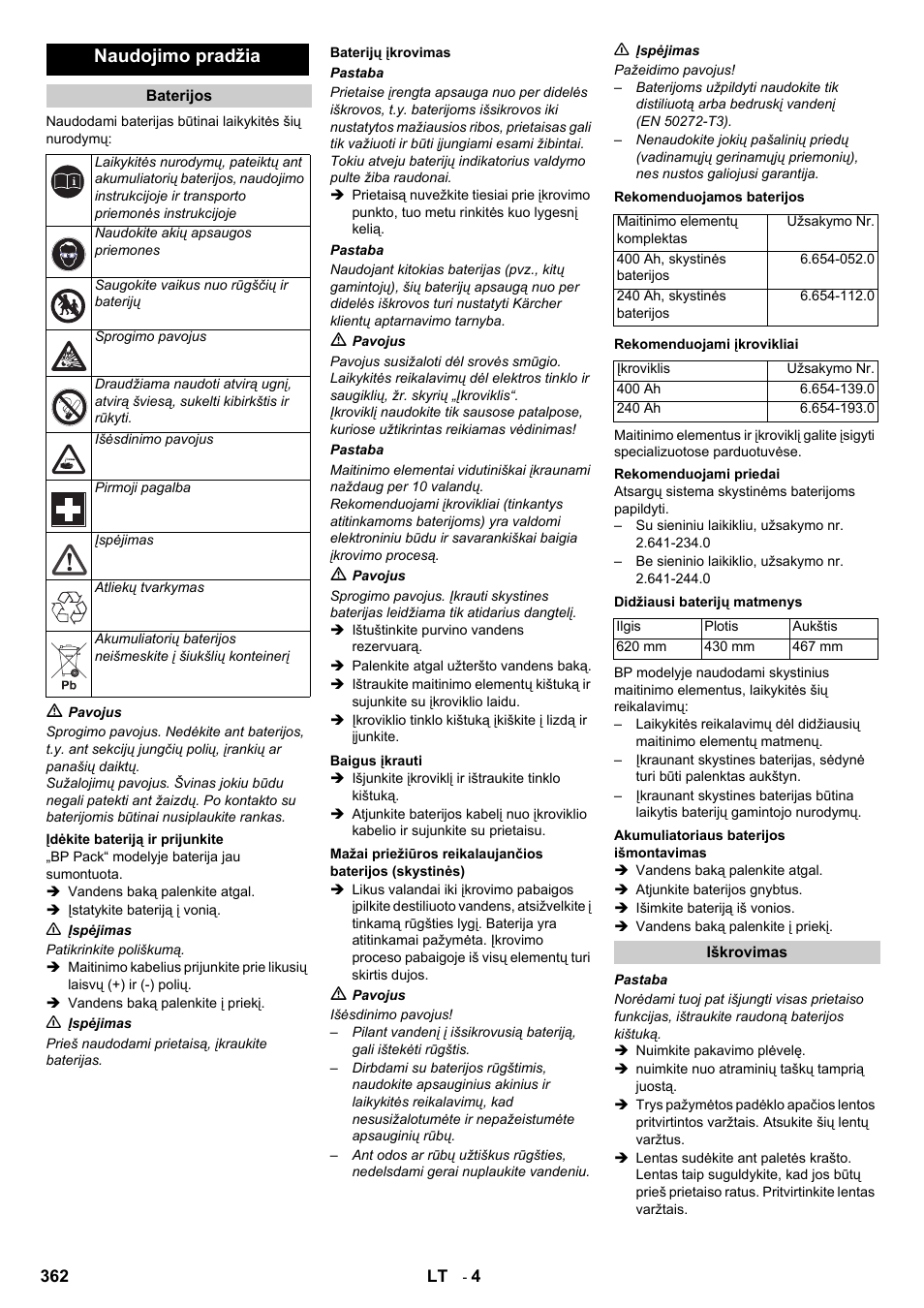 Naudojimo pradžia | Karcher B 140 R Bp Pack 400 Ah роликовая-дисковая User Manual | Page 362 / 406