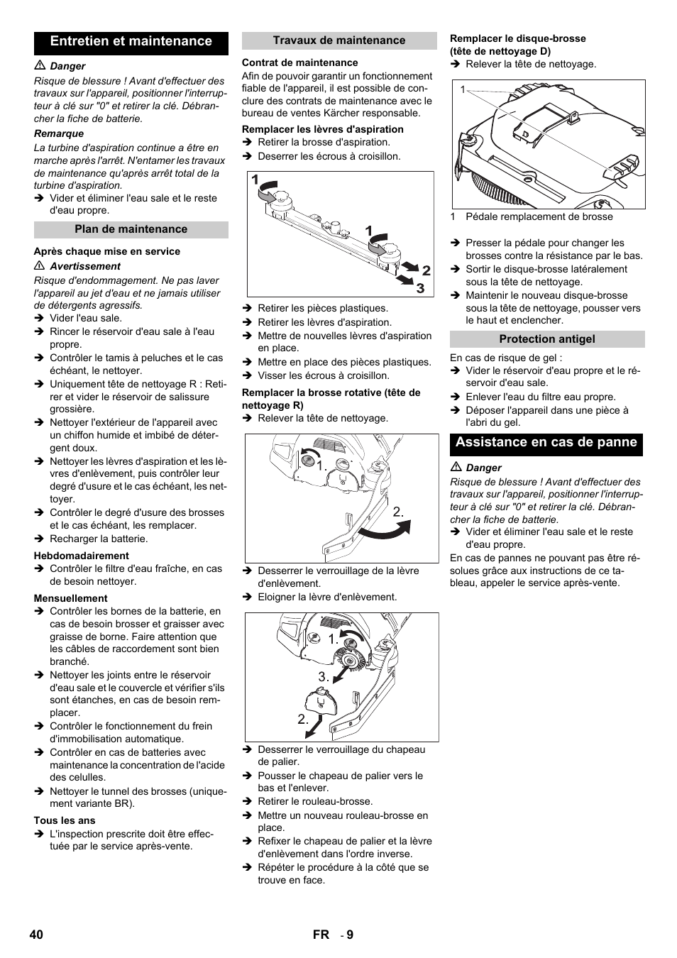 Entretien et maintenance, Assistance en cas de panne | Karcher B 140 R Bp Pack 400 Ah роликовая-дисковая User Manual | Page 40 / 406