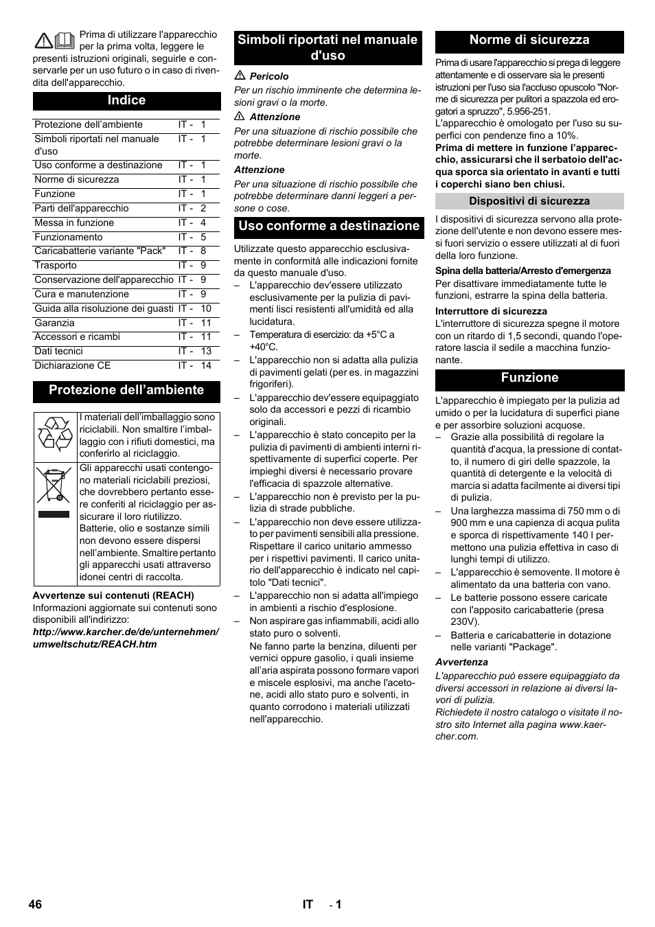 Italiano, Indice, Protezione dell’ambiente | Funzione | Karcher B 140 R Bp Pack 400 Ah роликовая-дисковая User Manual | Page 46 / 406