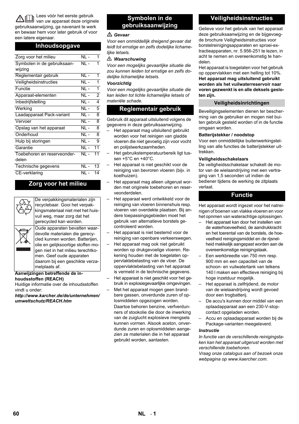 Nederlands, Inhoudsopgave, Zorg voor het milieu | Functie | Karcher B 140 R Bp Pack 400 Ah роликовая-дисковая User Manual | Page 60 / 406