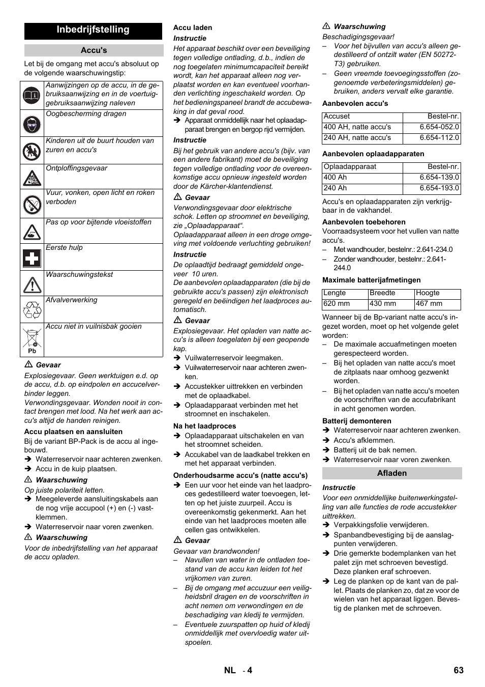 Inbedrijfstelling | Karcher B 140 R Bp Pack 400 Ah роликовая-дисковая User Manual | Page 63 / 406