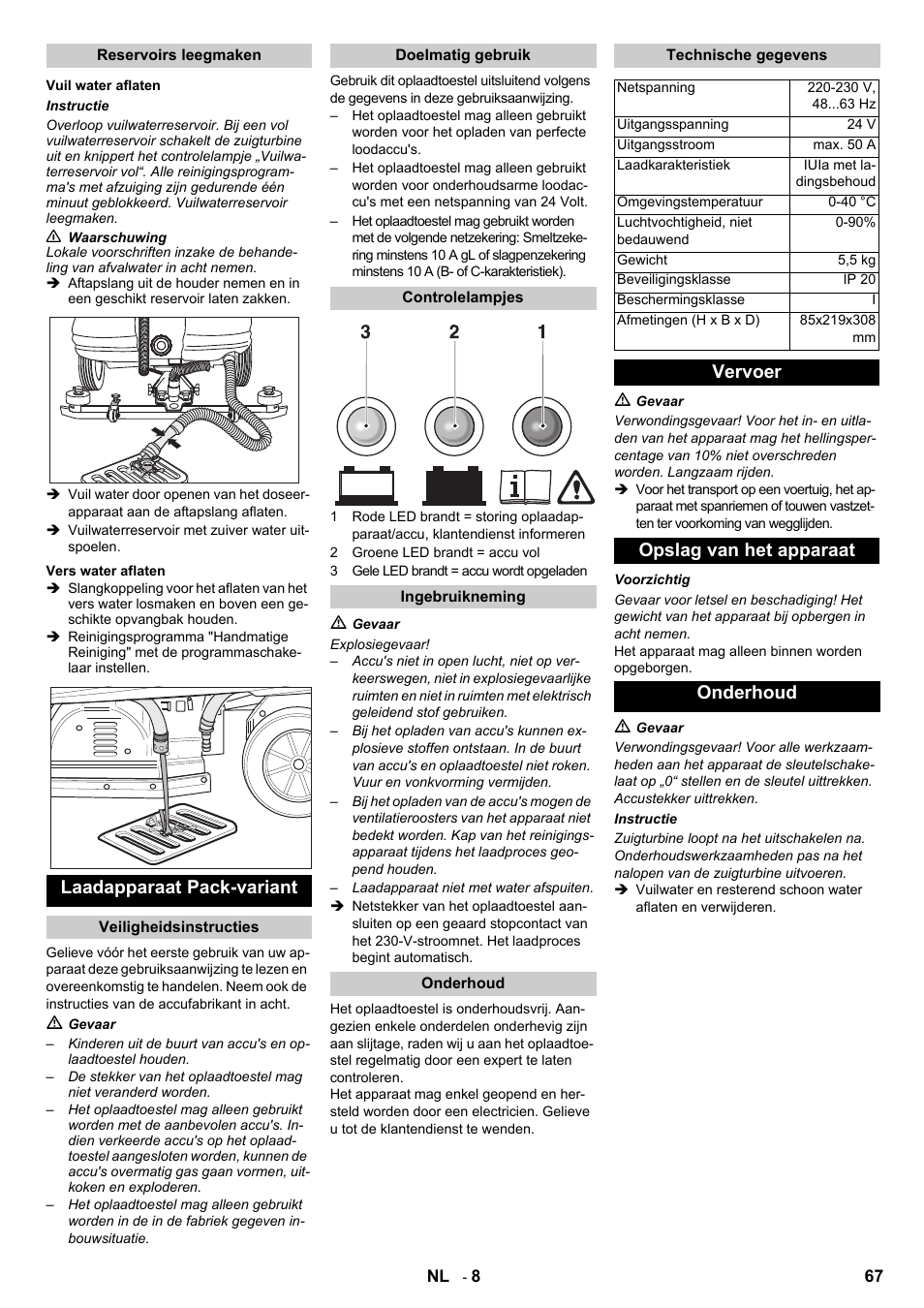 Laadapparaat pack-variant, Vervoer opslag van het apparaat onderhoud | Karcher B 140 R Bp Pack 400 Ah роликовая-дисковая User Manual | Page 67 / 406