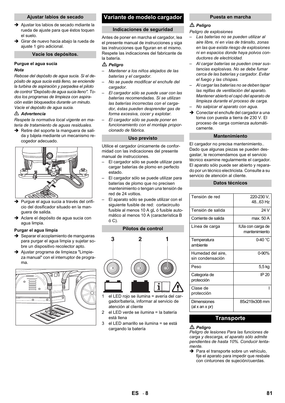 Variante de modelo cargador, Transporte | Karcher B 140 R Bp Pack 400 Ah роликовая-дисковая User Manual | Page 81 / 406