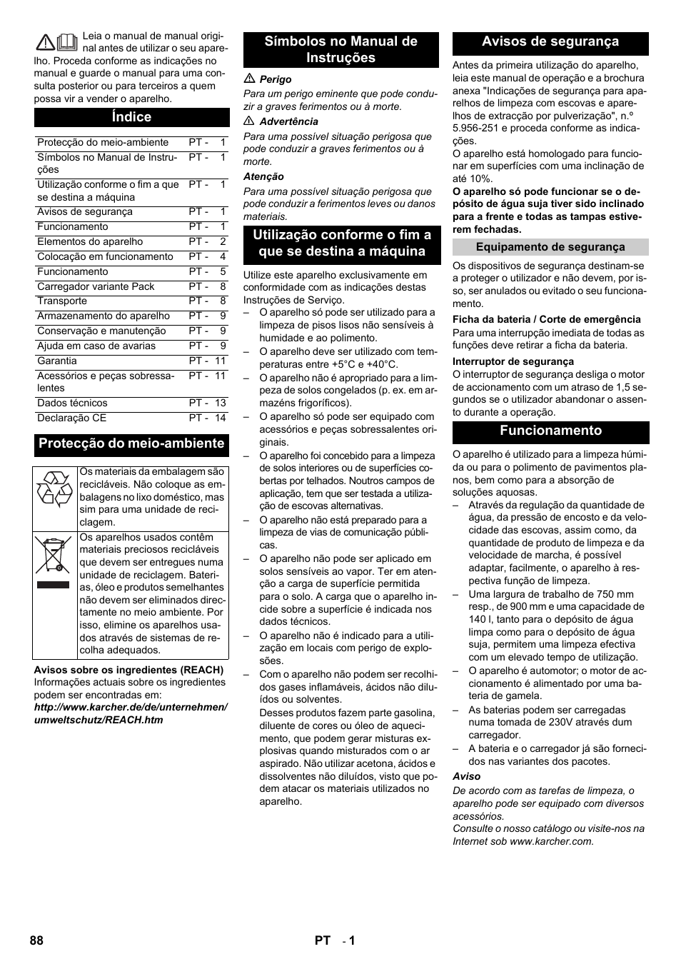 Português, Índice, Protecção do meio-ambiente | Funcionamento | Karcher B 140 R Bp Pack 400 Ah роликовая-дисковая User Manual | Page 88 / 406