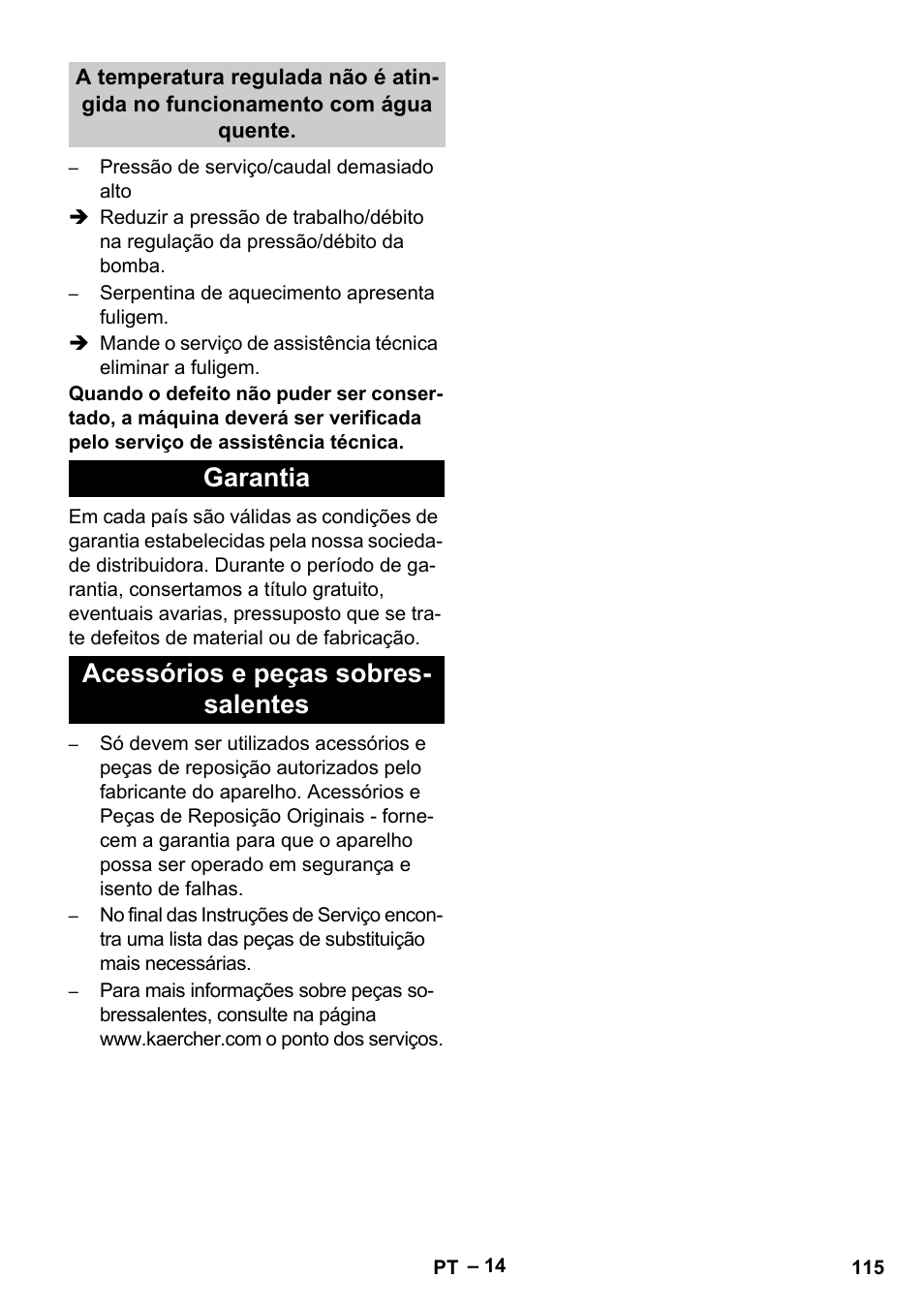 Garantia acessórios e peças sobres- salentes | Karcher HDS 13-20-4 S EU User Manual | Page 115 / 436