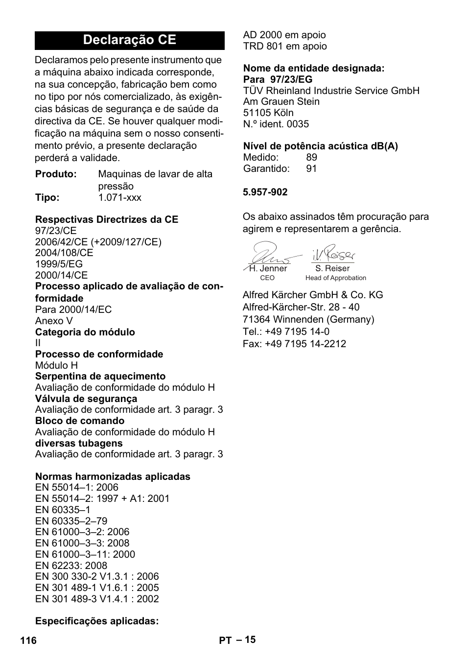 Declaração ce | Karcher HDS 13-20-4 S EU User Manual | Page 116 / 436