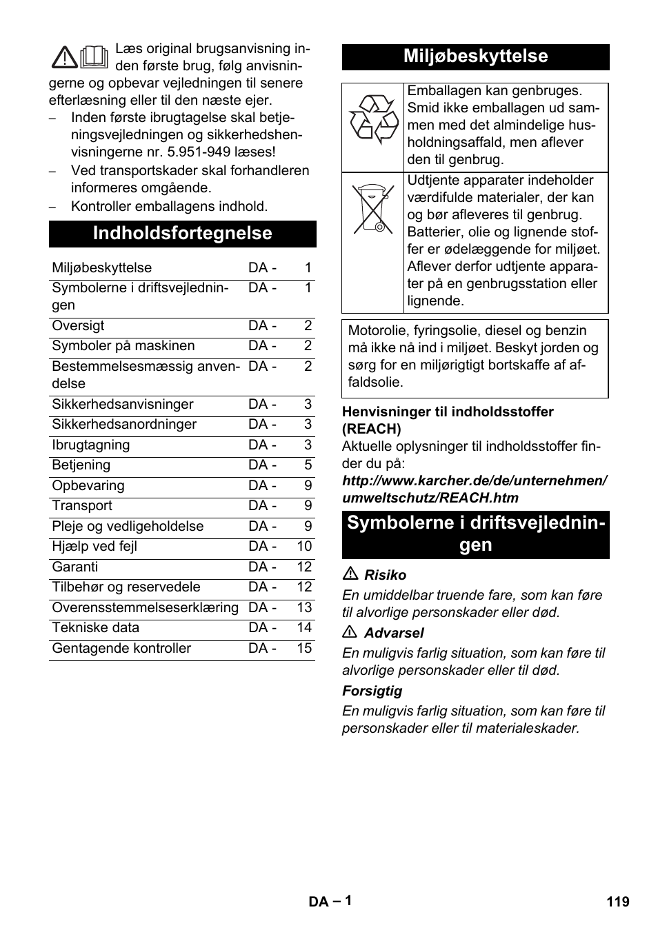 Indholdsfortegnelse, Miljøbeskyttelse, Symbolerne i driftsvejlednin- gen | Karcher HDS 13-20-4 S EU User Manual | Page 119 / 436