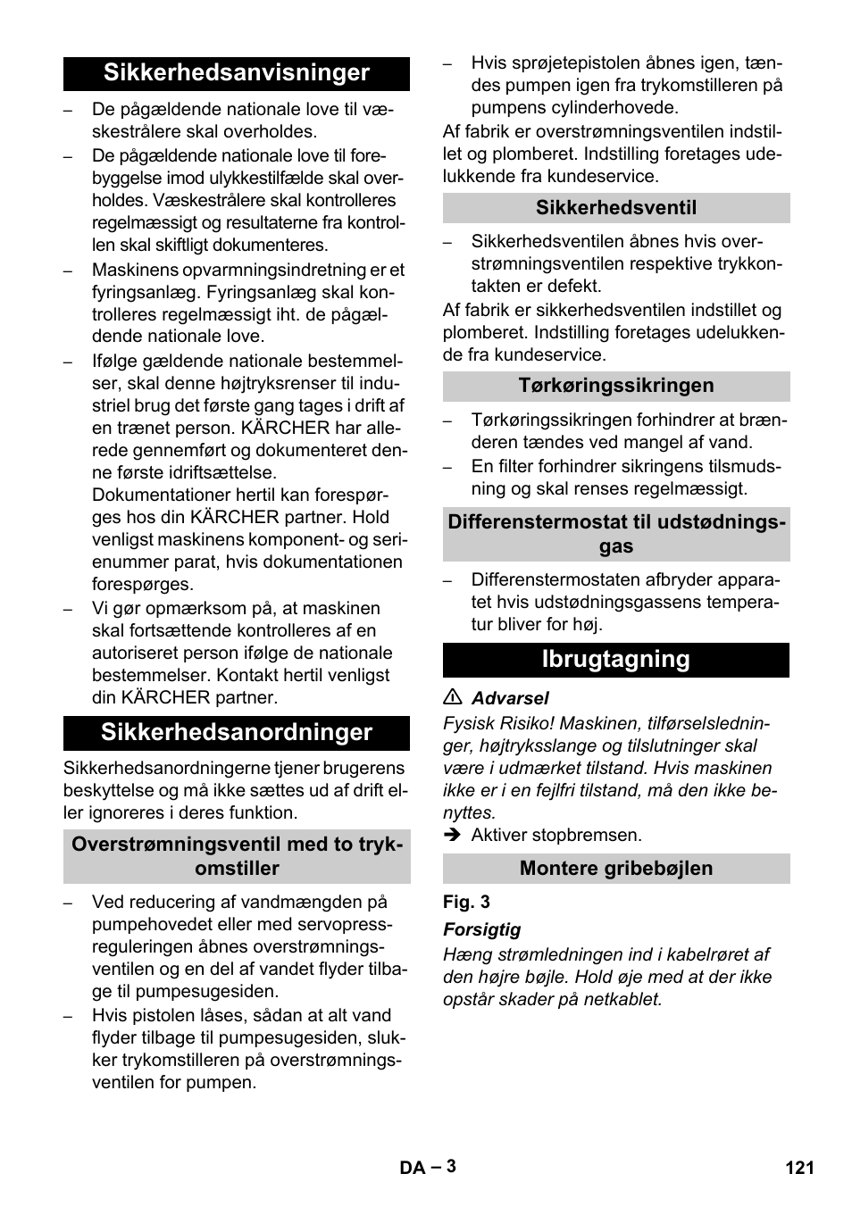 Sikkerhedsanvisninger sikkerhedsanordninger, Ibrugtagning | Karcher HDS 13-20-4 S EU User Manual | Page 121 / 436