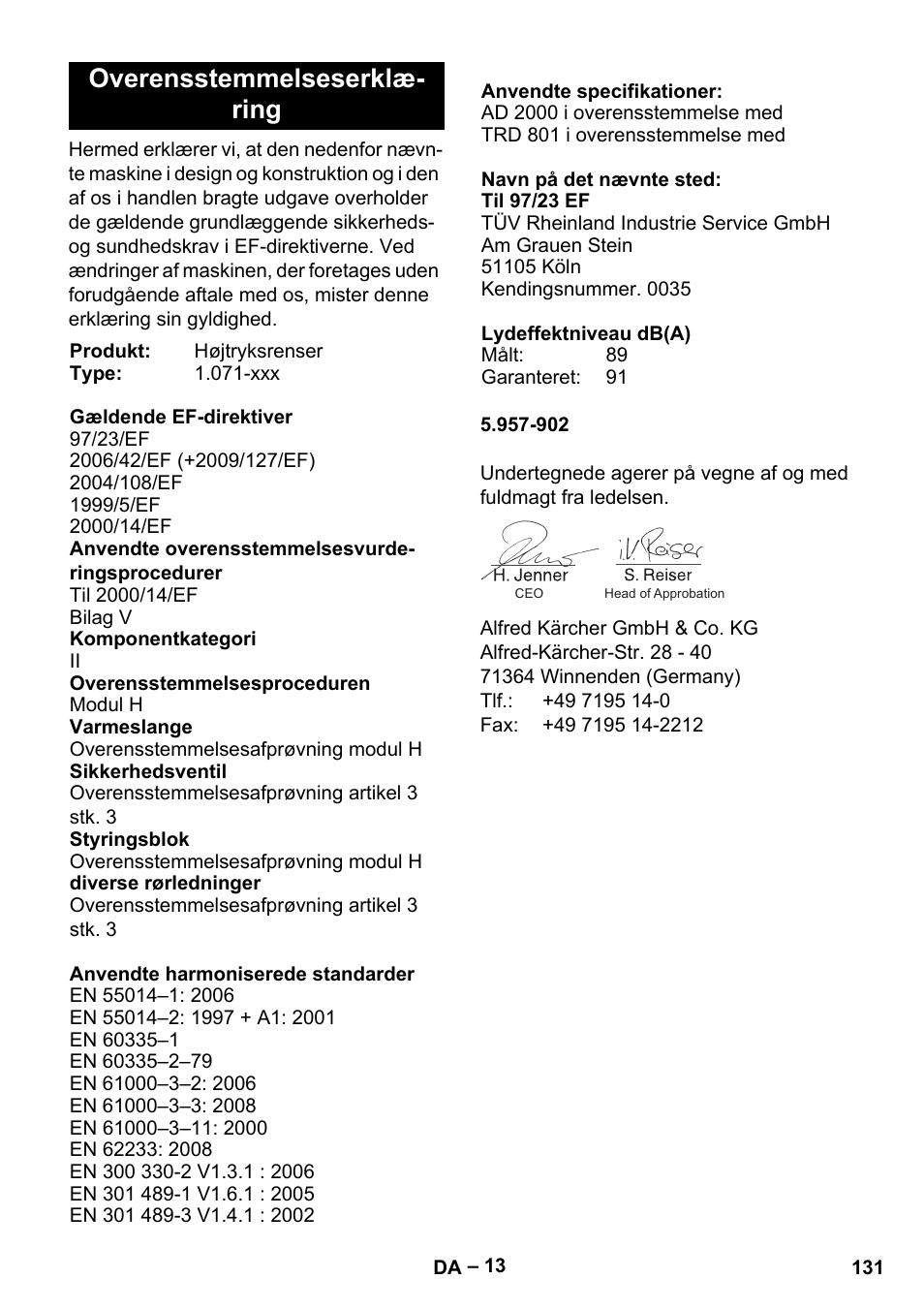 Overensstemmelseserklæ- ring | Karcher HDS 13-20-4 S EU User Manual | Page 131 / 436