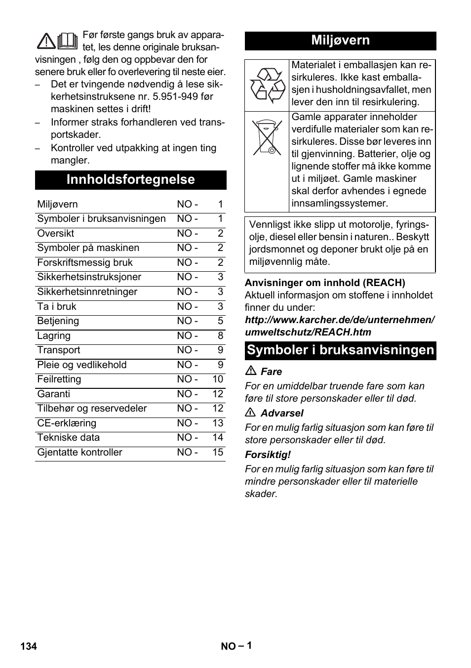 Innholdsfortegnelse, Miljøvern, Symboler i bruksanvisningen | Karcher HDS 13-20-4 S EU User Manual | Page 134 / 436