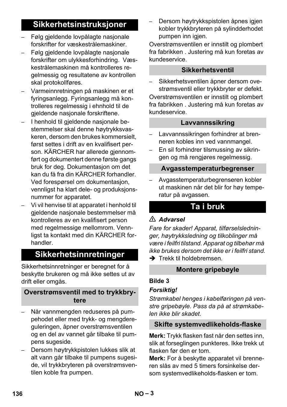 Sikkerhetsinstruksjoner sikkerhetsinnretninger, Ta i bruk | Karcher HDS 13-20-4 S EU User Manual | Page 136 / 436