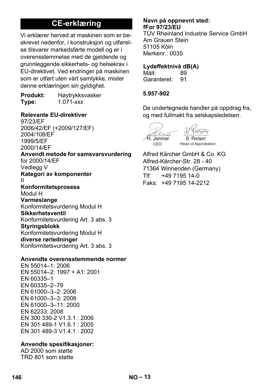 Ce-erklæring | Karcher HDS 13-20-4 S EU User Manual | Page 146 / 436