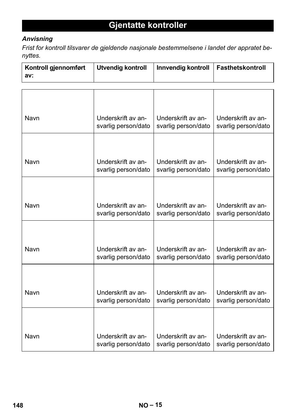 Gjentatte kontroller | Karcher HDS 13-20-4 S EU User Manual | Page 148 / 436