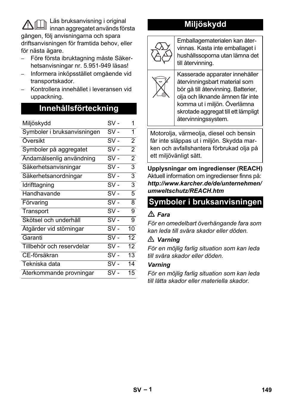 Innehållsförteckning, Miljöskydd, Symboler i bruksanvisningen | Karcher HDS 13-20-4 S EU User Manual | Page 149 / 436