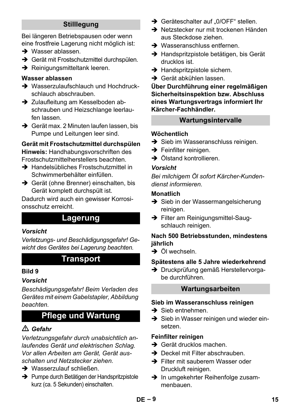 Lagerung transport pflege und wartung | Karcher HDS 13-20-4 S EU User Manual | Page 15 / 436