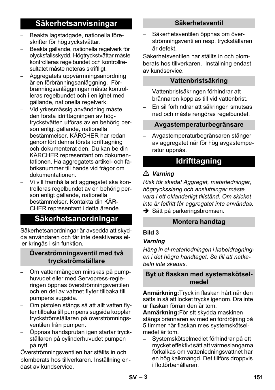 Säkerhetsanvisningar säkerhetsanordningar, Idrifttagning | Karcher HDS 13-20-4 S EU User Manual | Page 151 / 436