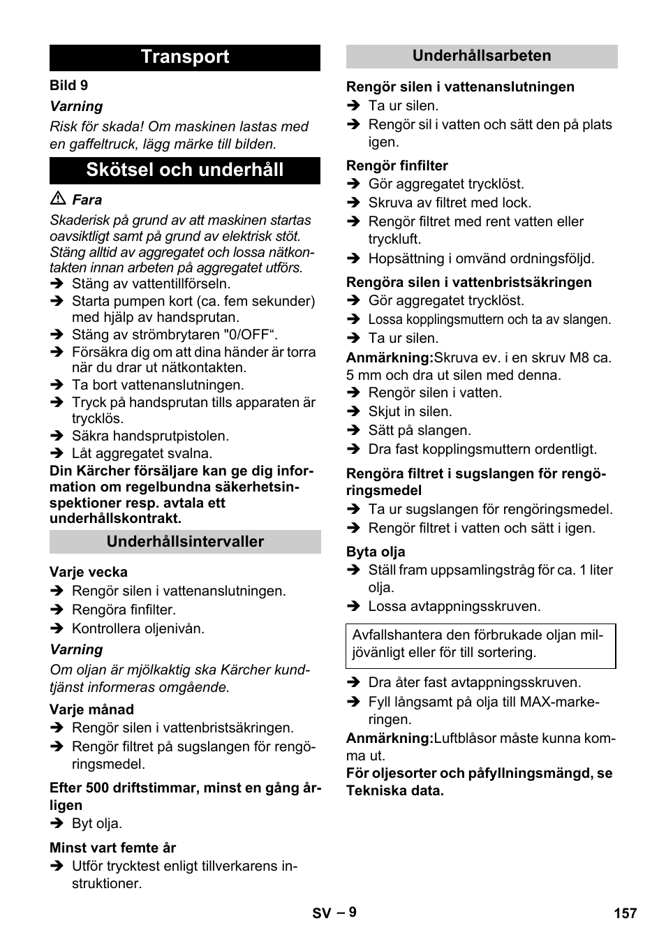 Transport skötsel och underhåll | Karcher HDS 13-20-4 S EU User Manual | Page 157 / 436