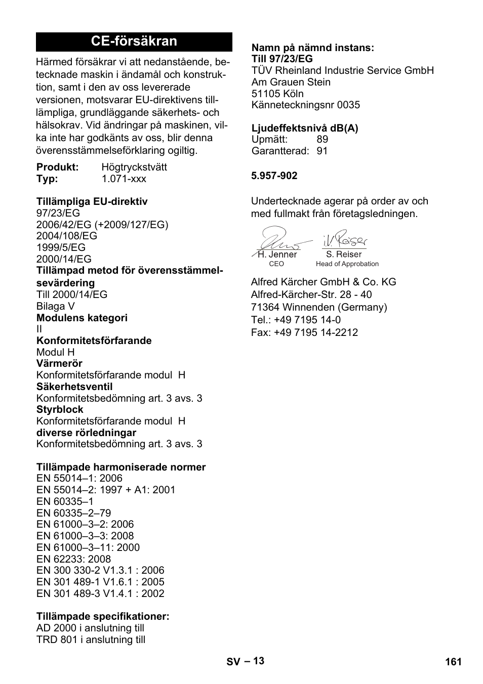 Ce-försäkran | Karcher HDS 13-20-4 S EU User Manual | Page 161 / 436