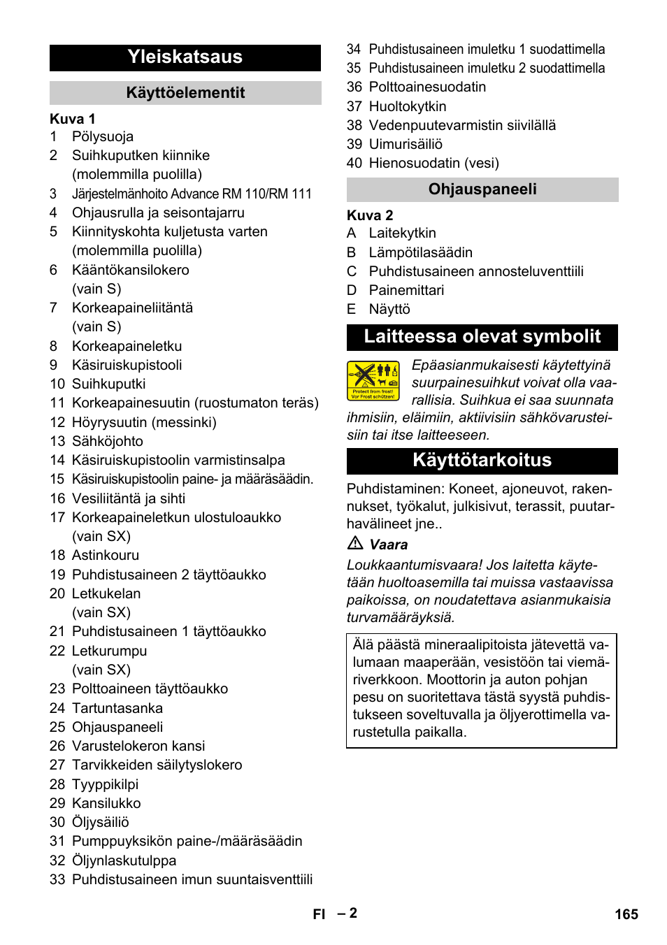 Yleiskatsaus, Laitteessa olevat symbolit käyttötarkoitus | Karcher HDS 13-20-4 S EU User Manual | Page 165 / 436