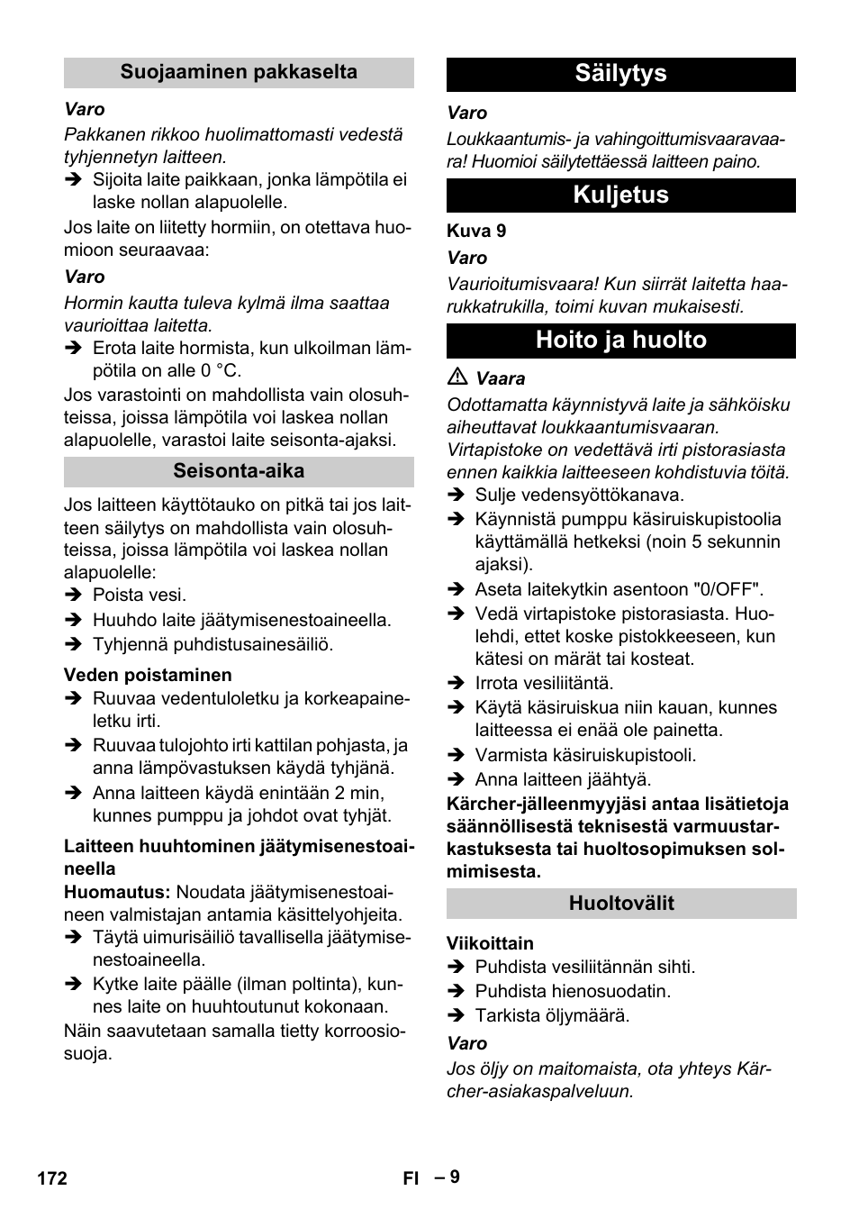 Säilytys kuljetus hoito ja huolto | Karcher HDS 13-20-4 S EU User Manual | Page 172 / 436