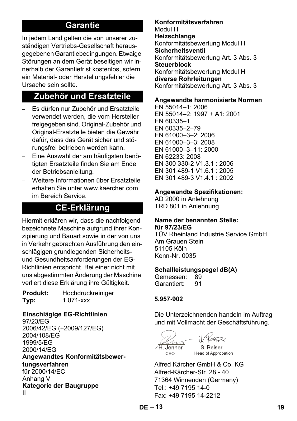 Garantie zubehör und ersatzteile ce-erklärung | Karcher HDS 13-20-4 S EU User Manual | Page 19 / 436