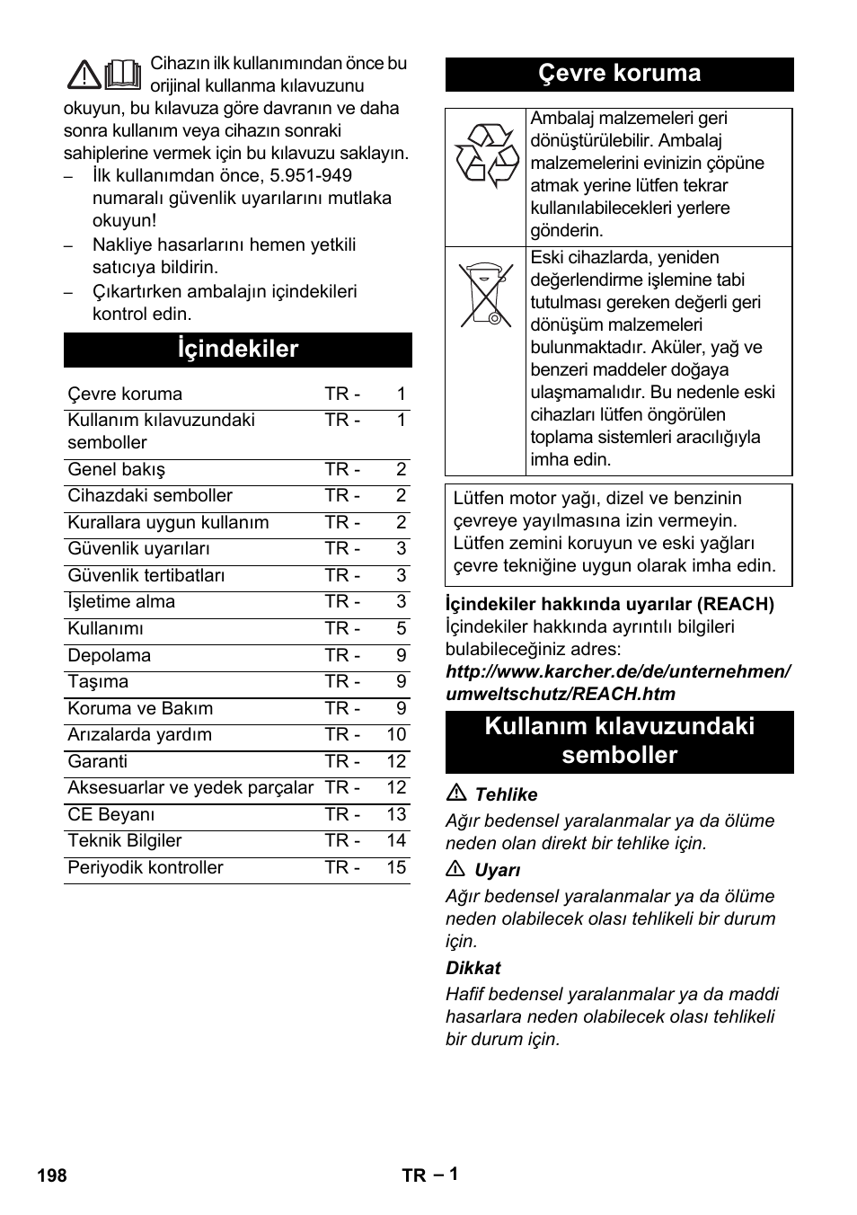 Içindekiler, Çevre koruma, Kullanım kılavuzundaki semboller | Karcher HDS 13-20-4 S EU User Manual | Page 198 / 436