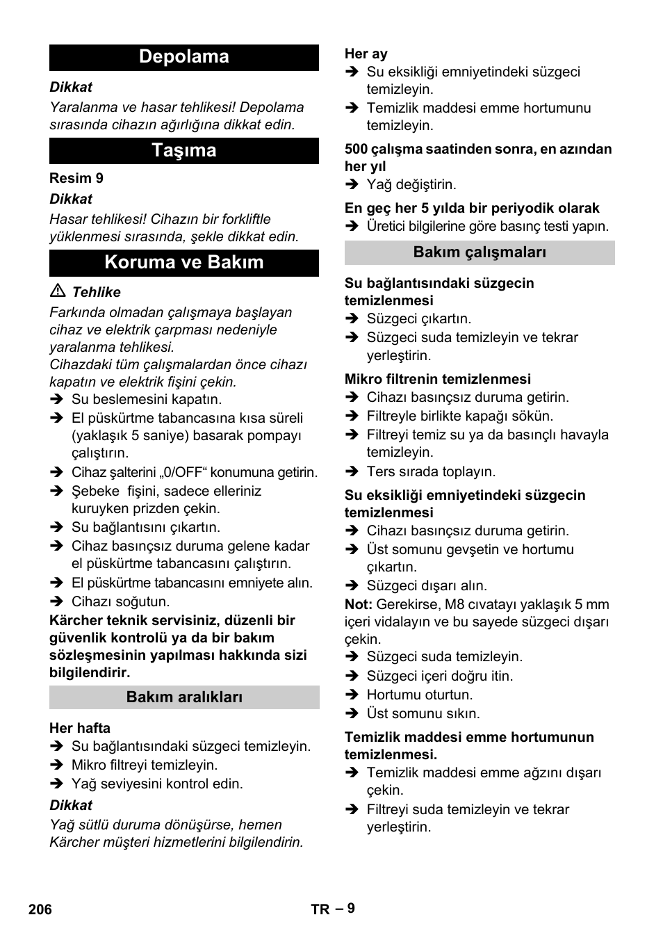 Depolama taşıma koruma ve bakım | Karcher HDS 13-20-4 S EU User Manual | Page 206 / 436