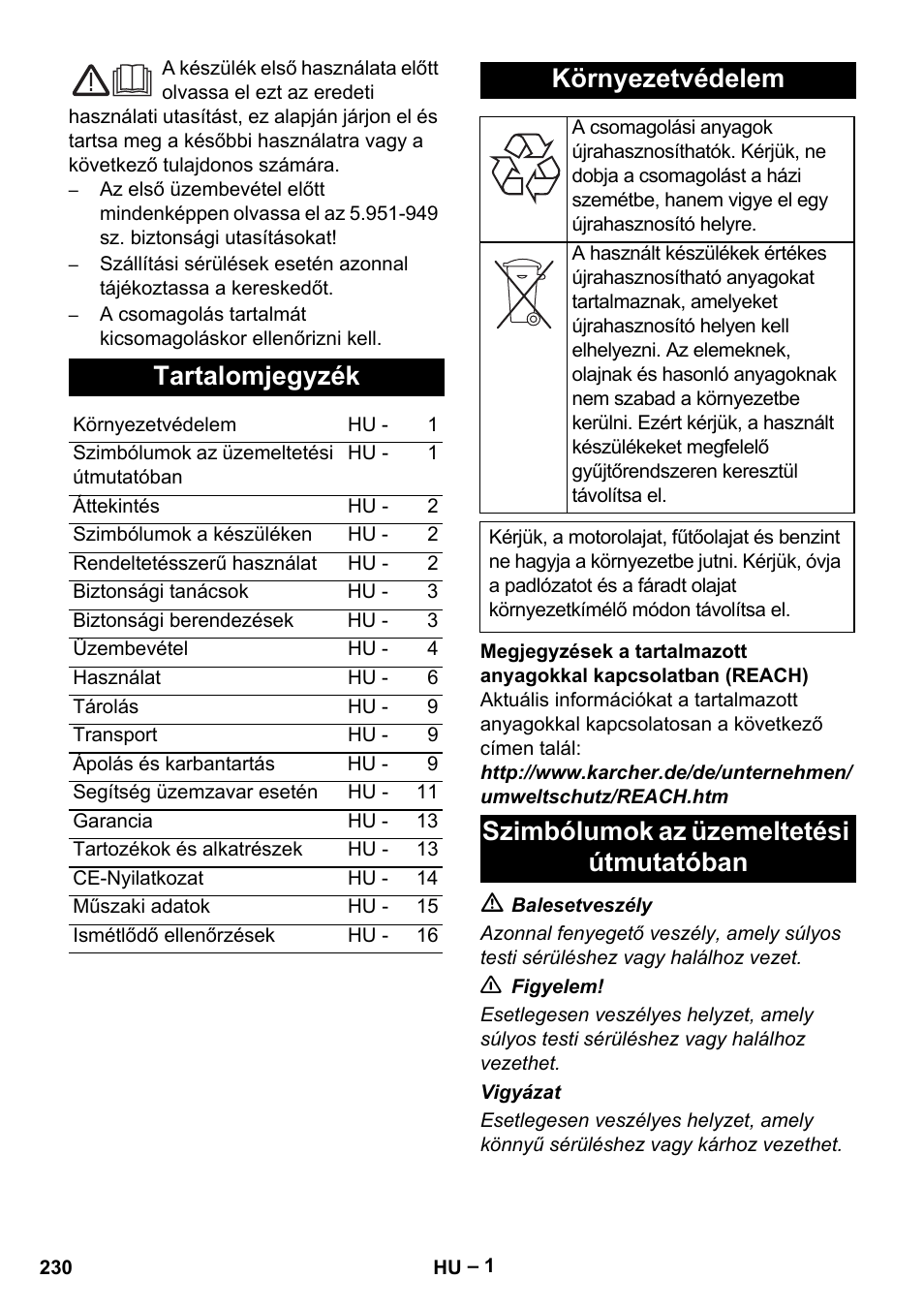 Tartalomjegyzék, Környezetvédelem, Szimbólumok az üzemeltetési útmutatóban | Karcher HDS 13-20-4 S EU User Manual | Page 230 / 436