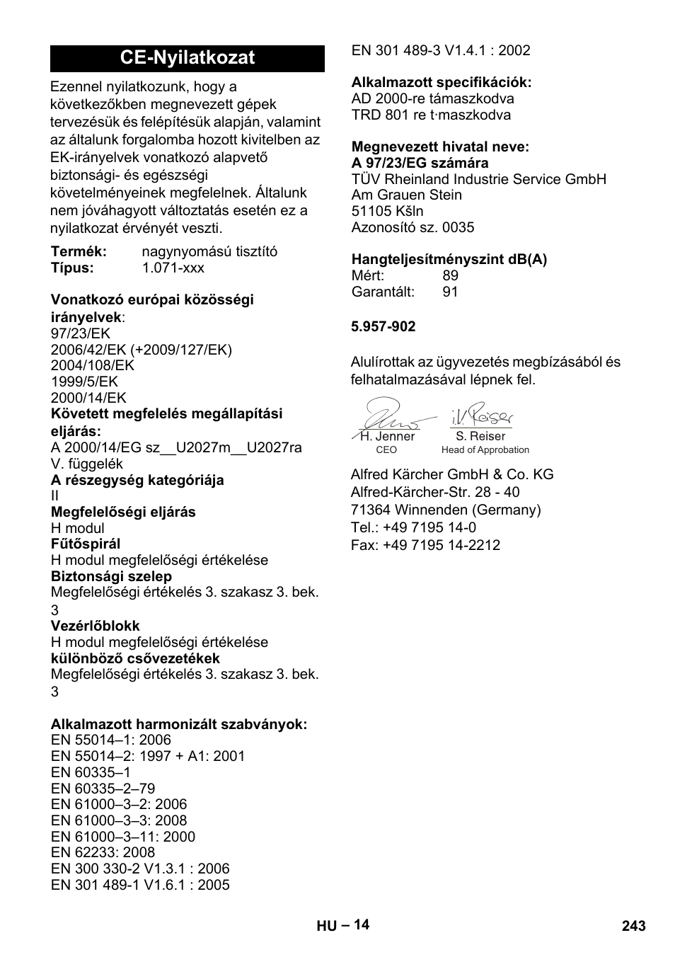 Ce-nyilatkozat | Karcher HDS 13-20-4 S EU User Manual | Page 243 / 436