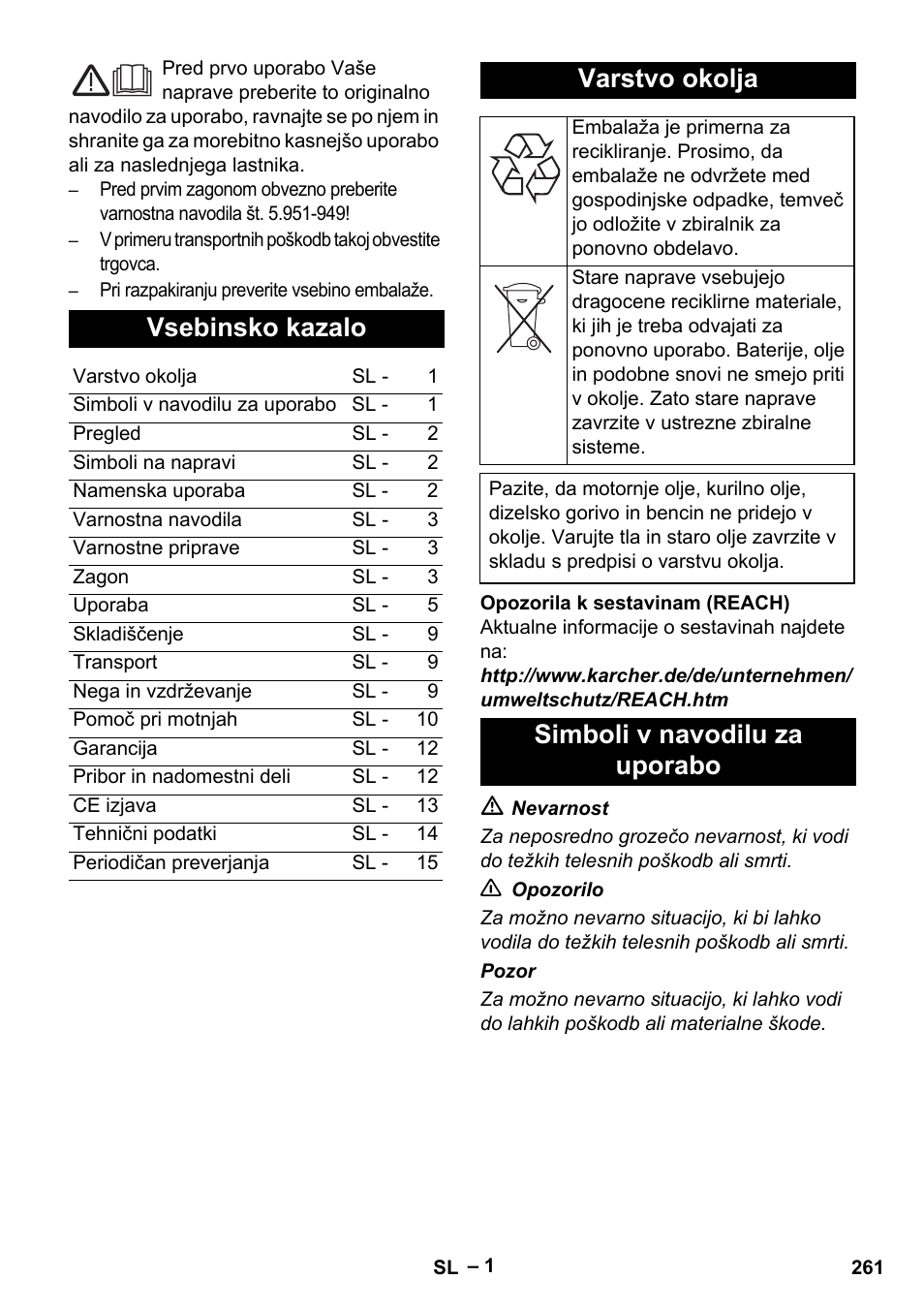Vsebinsko kazalo, Varstvo okolja, Simboli v navodilu za uporabo | Karcher HDS 13-20-4 S EU User Manual | Page 261 / 436