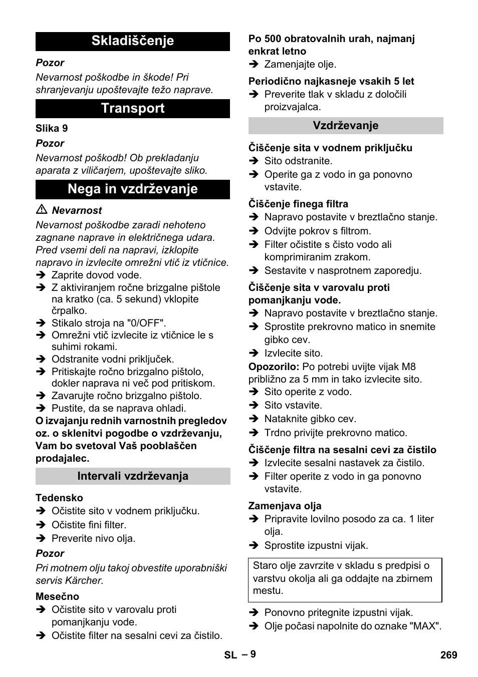Skladiščenje transport nega in vzdrževanje | Karcher HDS 13-20-4 S EU User Manual | Page 269 / 436
