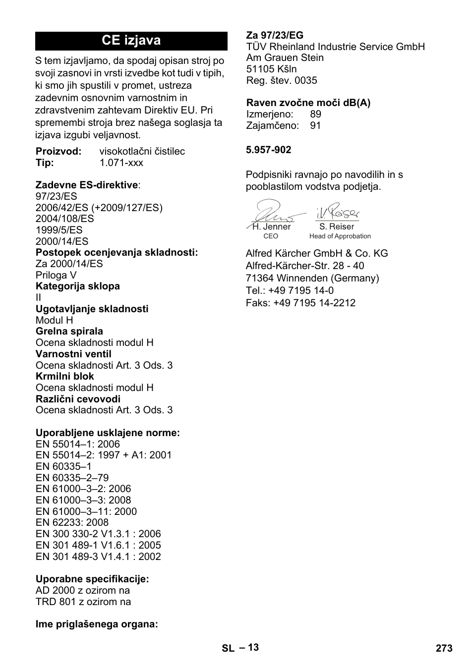 Ce izjava | Karcher HDS 13-20-4 S EU User Manual | Page 273 / 436