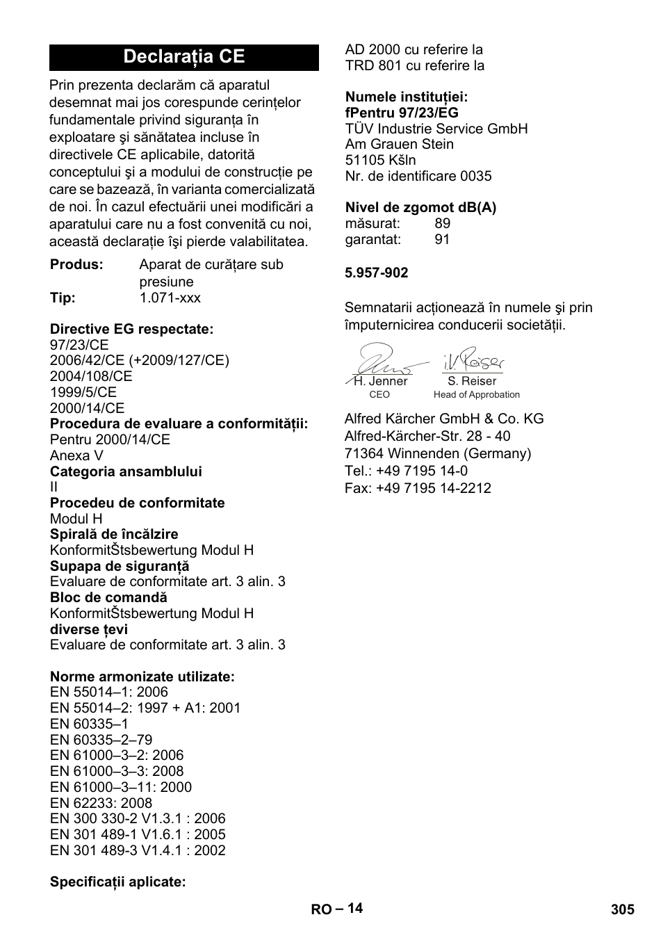 Declaraţia ce | Karcher HDS 13-20-4 S EU User Manual | Page 305 / 436