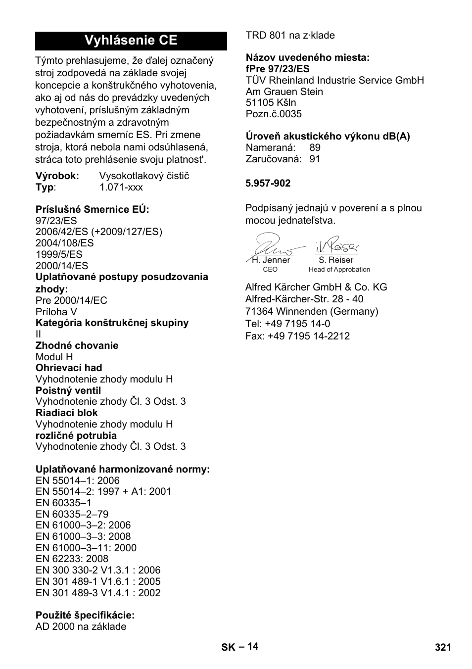 Vyhlásenie ce | Karcher HDS 13-20-4 S EU User Manual | Page 321 / 436