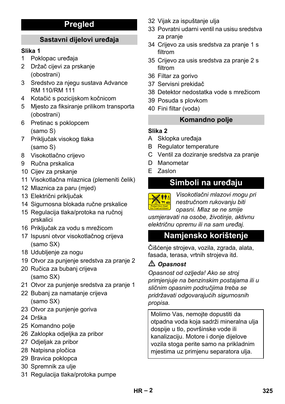 Pregled, Simboli na uređaju namjensko korištenje | Karcher HDS 13-20-4 S EU User Manual | Page 325 / 436