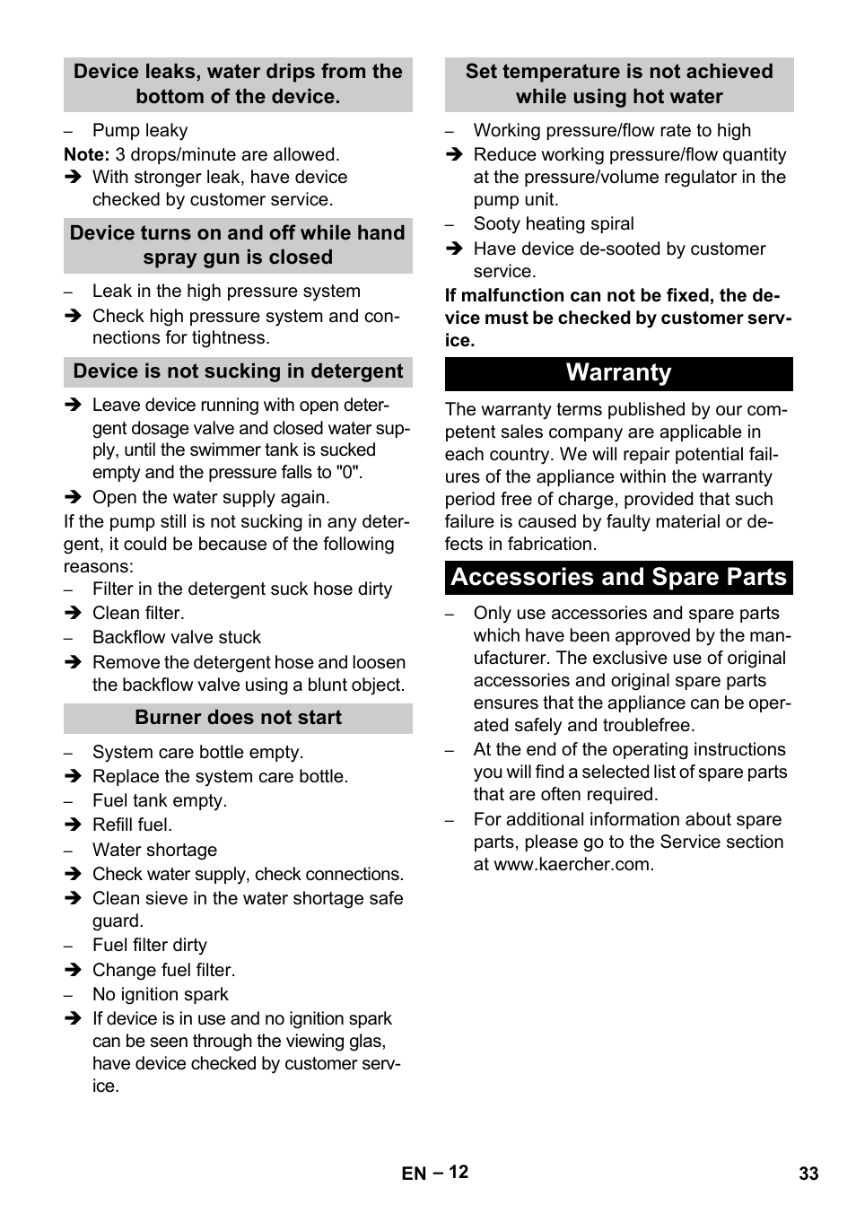 Warranty accessories and spare parts | Karcher HDS 13-20-4 S EU User Manual | Page 33 / 436