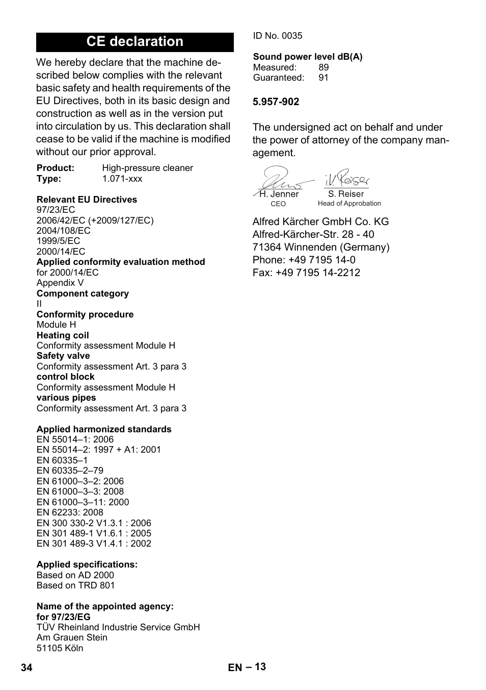 Ce declaration | Karcher HDS 13-20-4 S EU User Manual | Page 34 / 436