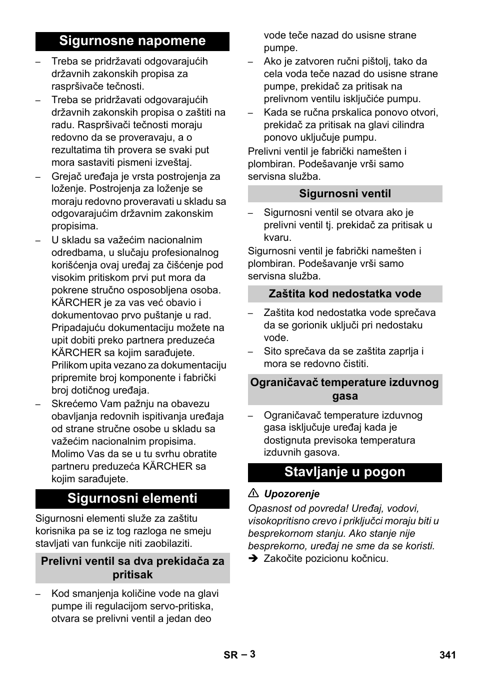 Sigurnosne napomene sigurnosni elementi, Stavljanje u pogon | Karcher HDS 13-20-4 S EU User Manual | Page 341 / 436