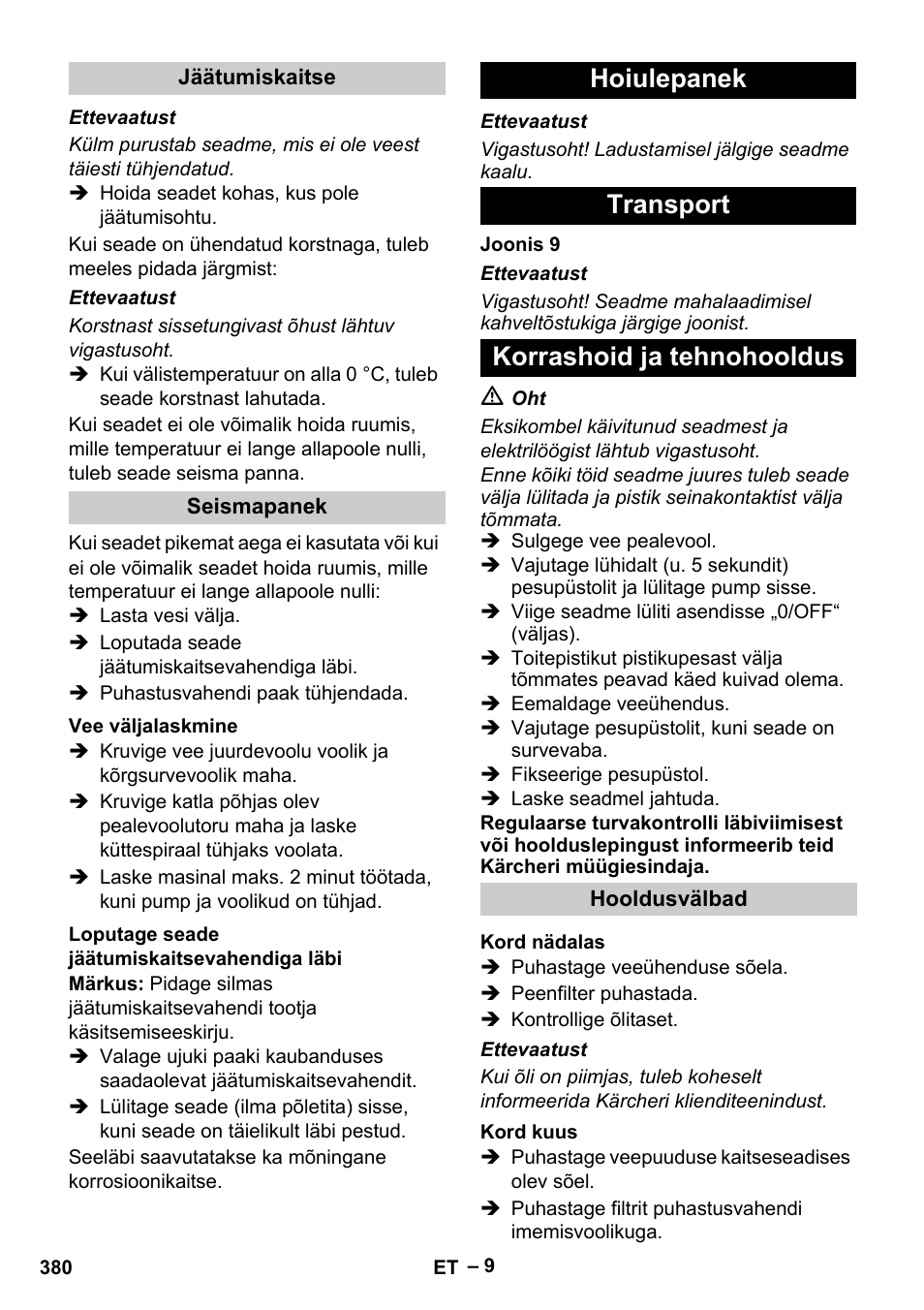 Hoiulepanek transport korrashoid ja tehnohooldus | Karcher HDS 13-20-4 S EU User Manual | Page 380 / 436