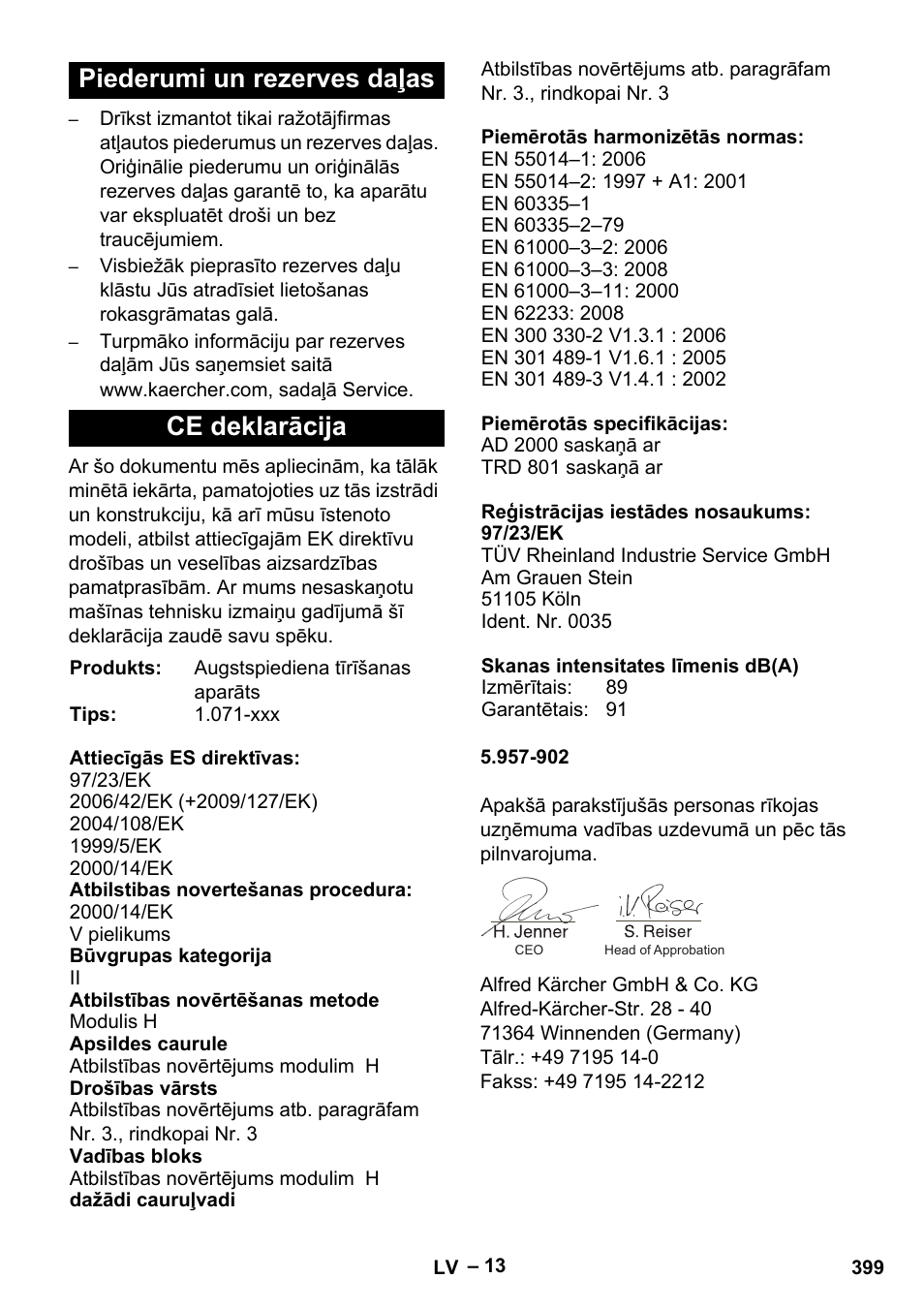 Piederumi un rezerves daļas ce deklarācija | Karcher HDS 13-20-4 S EU User Manual | Page 399 / 436