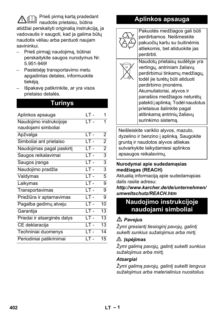 Turinys, Aplinkos apsauga, Naudojimo instrukcijoje naudojami simboliai | Karcher HDS 13-20-4 S EU User Manual | Page 402 / 436