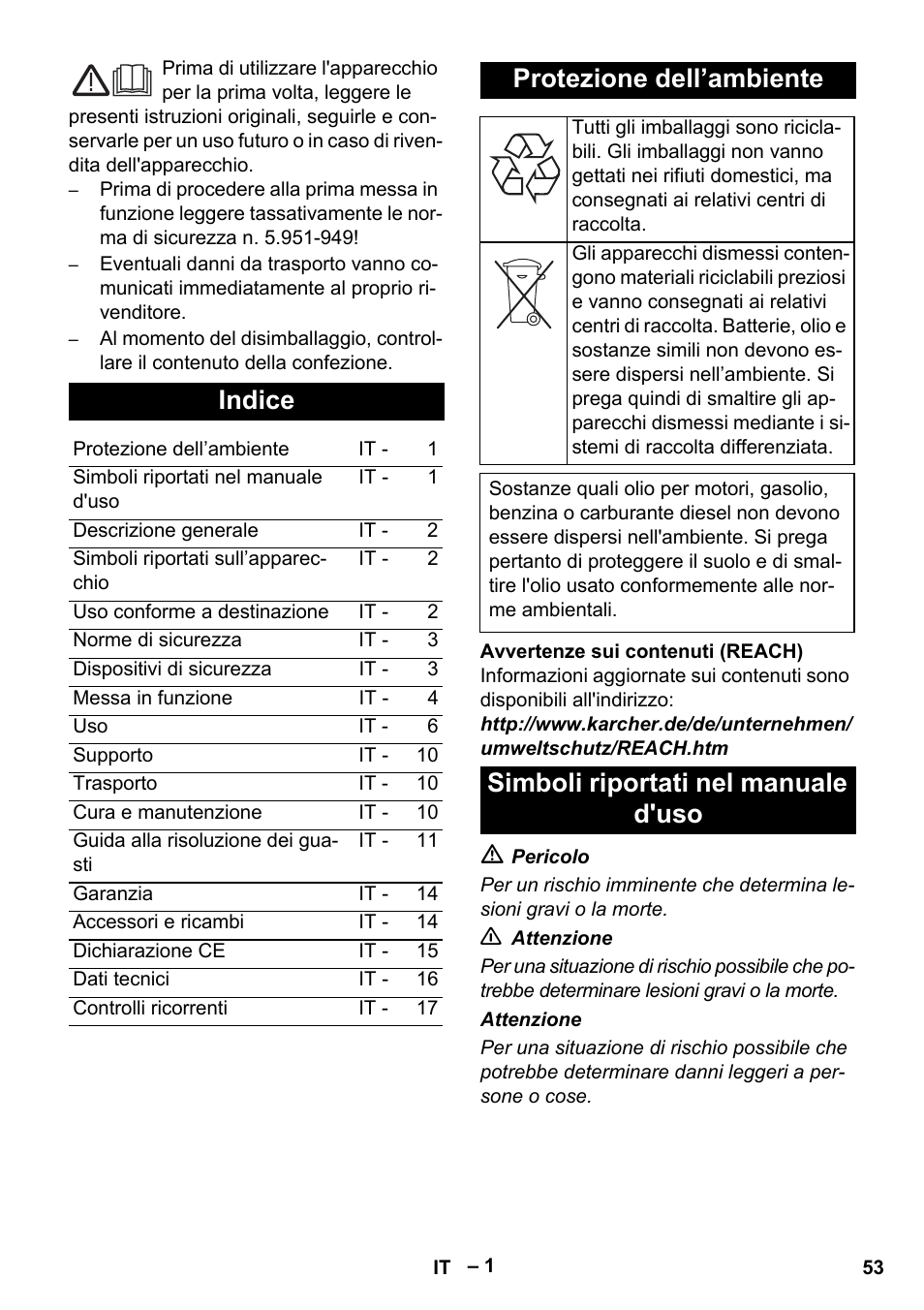 Indice, Protezione dell’ambiente, Simboli riportati nel manuale d'uso | Karcher HDS 13-20-4 S EU User Manual | Page 53 / 436