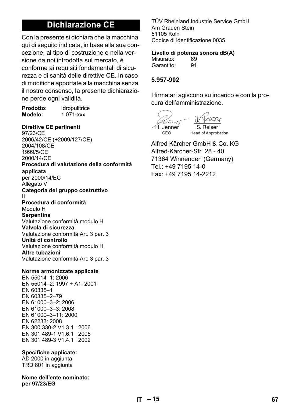 Dichiarazione ce | Karcher HDS 13-20-4 S EU User Manual | Page 67 / 436