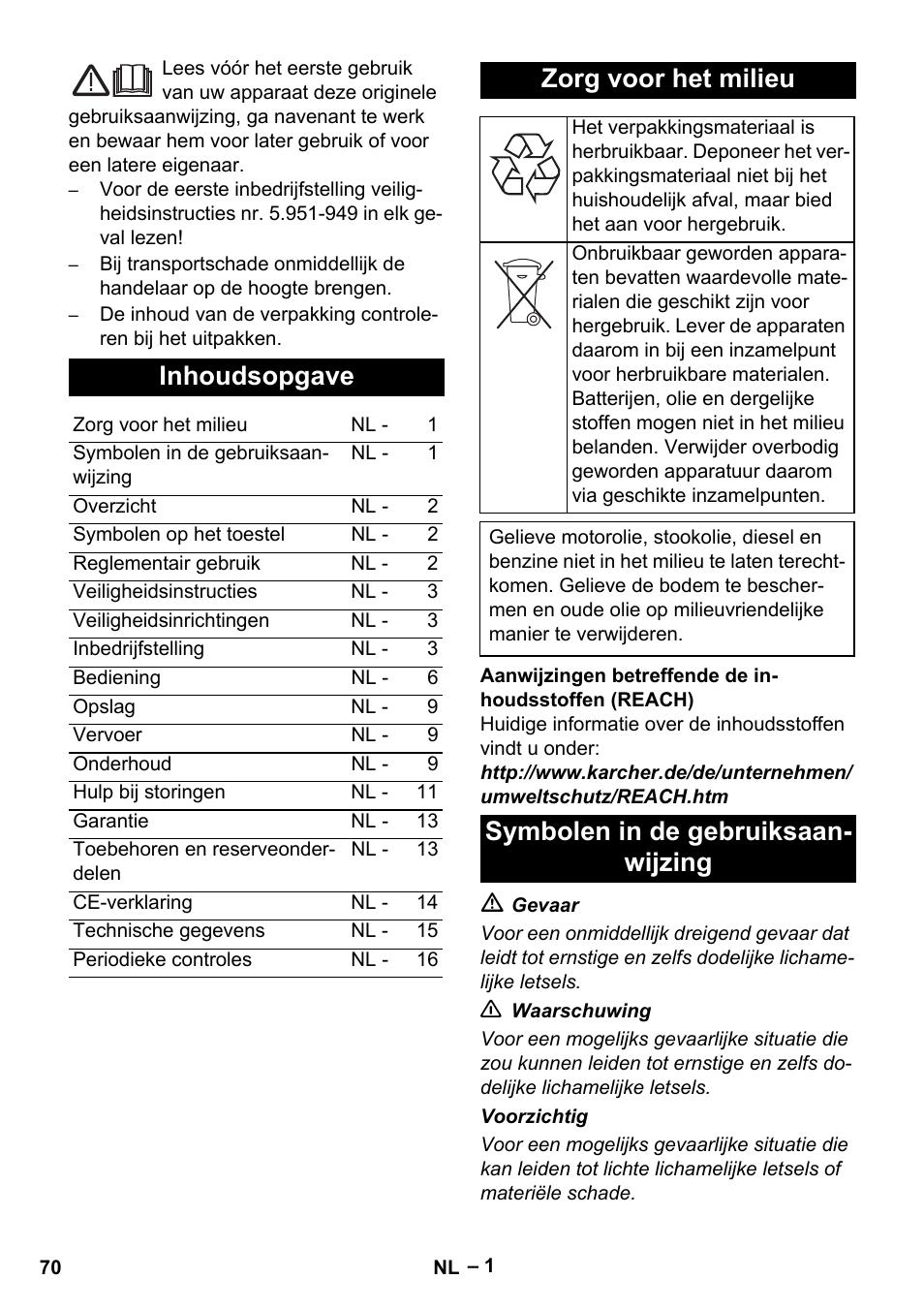 Inhoudsopgave, Zorg voor het milieu, Symbolen in de gebruiksaan- wijzing | Karcher HDS 13-20-4 S EU User Manual | Page 70 / 436