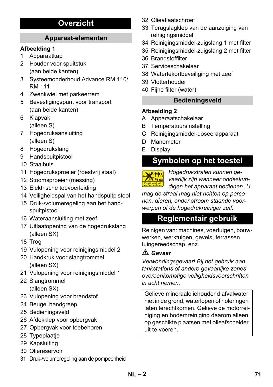 Overzicht, Symbolen op het toestel reglementair gebruik | Karcher HDS 13-20-4 S EU User Manual | Page 71 / 436