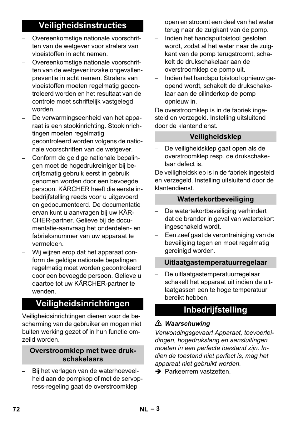 Veiligheidsinstructies veiligheidsinrichtingen, Inbedrijfstelling | Karcher HDS 13-20-4 S EU User Manual | Page 72 / 436