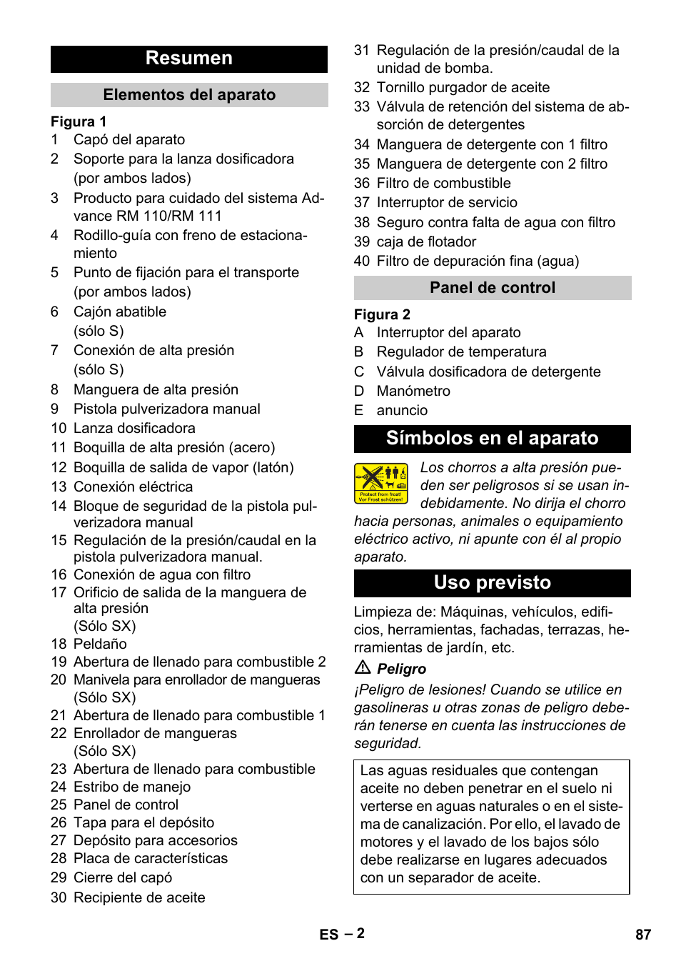 Resumen, Símbolos en el aparato uso previsto | Karcher HDS 13-20-4 S EU User Manual | Page 87 / 436