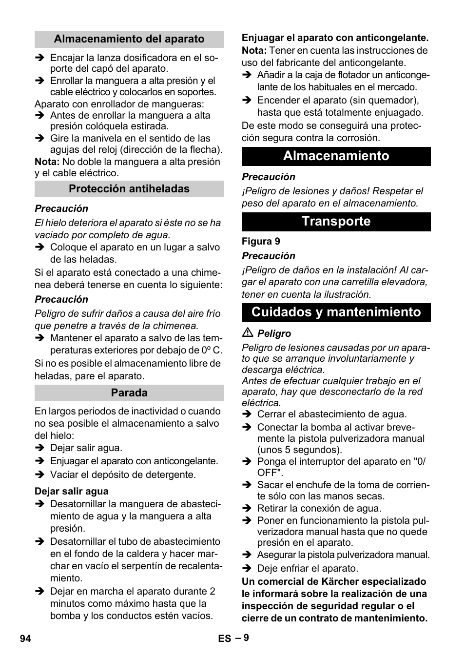Almacenamiento transporte cuidados y mantenimiento | Karcher HDS 13-20-4 S EU User Manual | Page 94 / 436